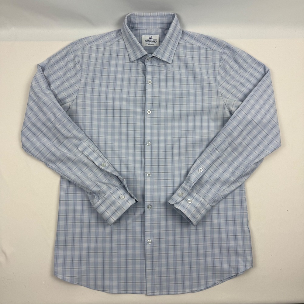 Mizzen+Main Mens Large Trim Fit Performance Plaid Dress Shirt Blue White Red